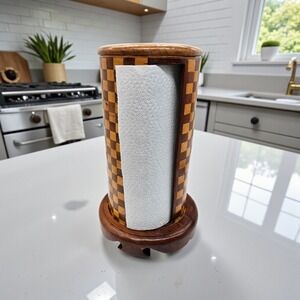 VTG Wood Marquetry Paper Towel Holder Checker Pattern Handmade Freestanding 14"